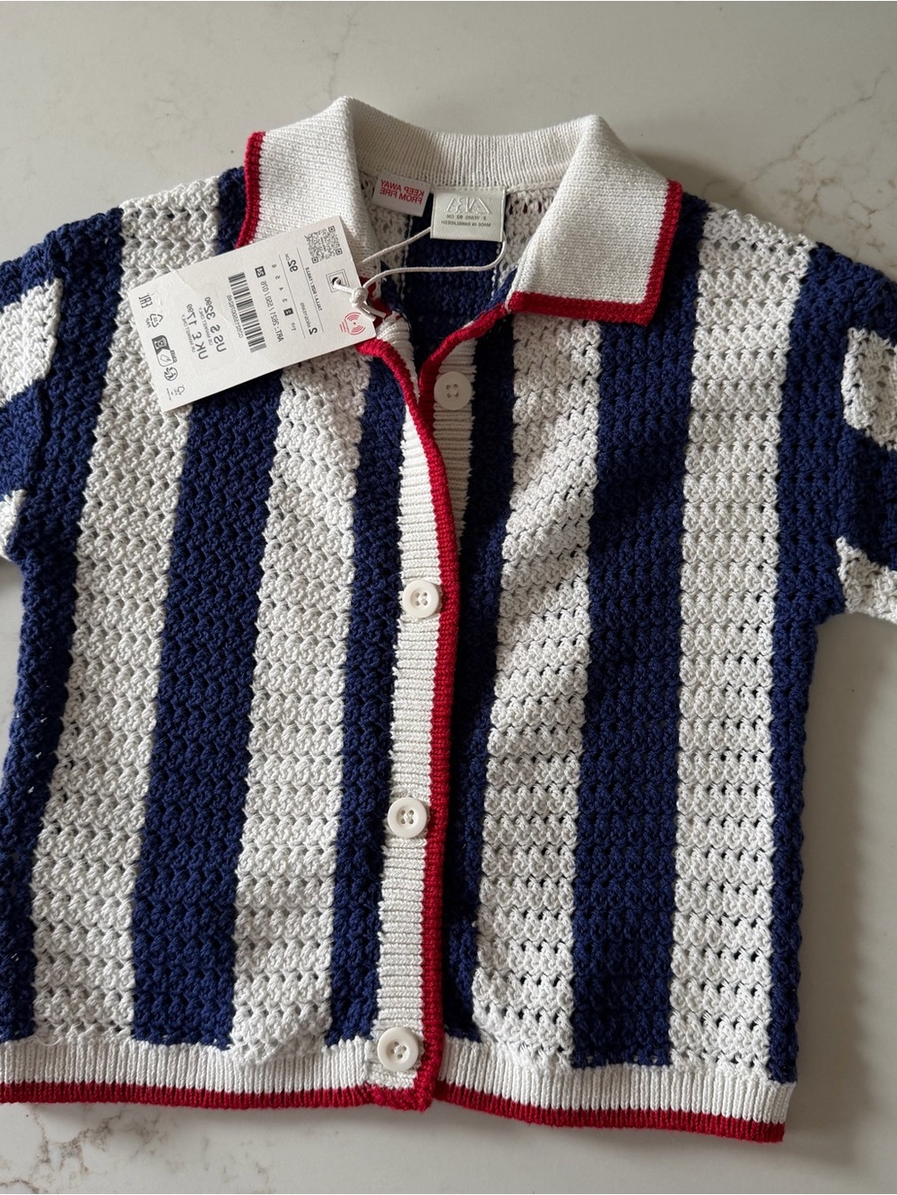 ZARA Kids Short-Sleeve Button-Front Knit Polo - Navy, White & Red Trim